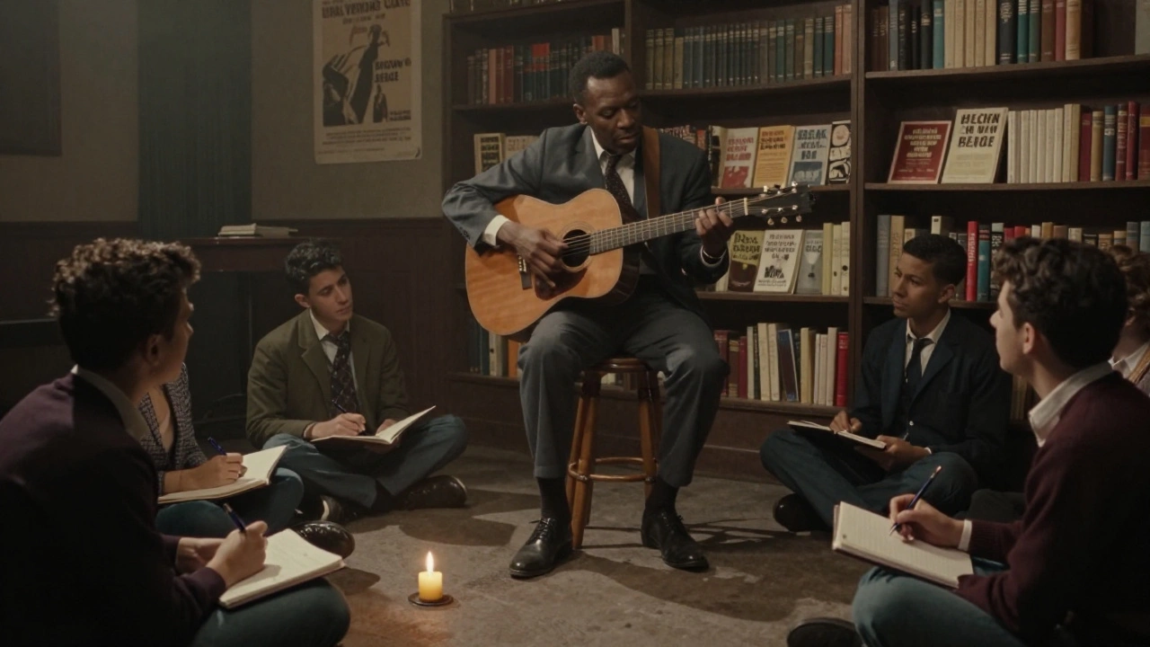 A 1960s Greenwich Village folk-blues performance with students taking notes, candlelight illuminating civil rights literature.