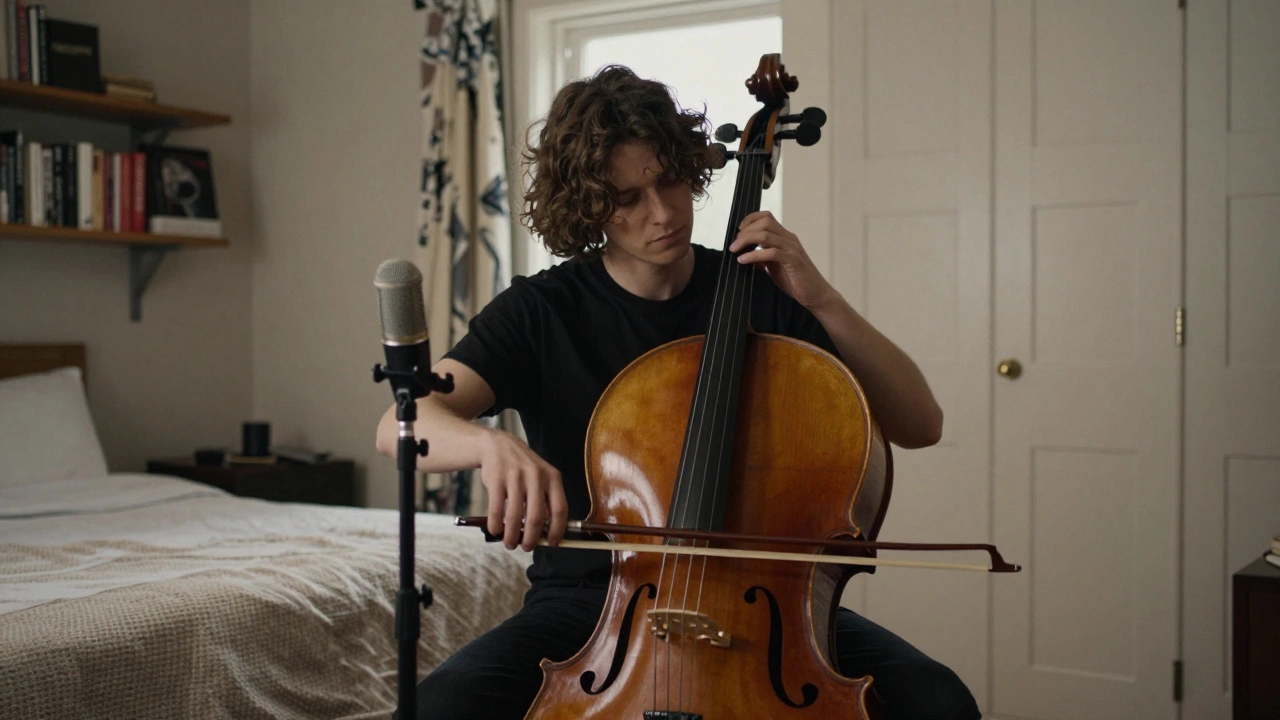 A cello being recorded with a single mic in a softly treated bedroom, bow mid-stroke.