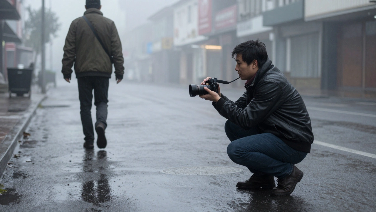 A director films a solitary figure walking through fog at dawn using a handheld camera, capturing raw, authentic motion.