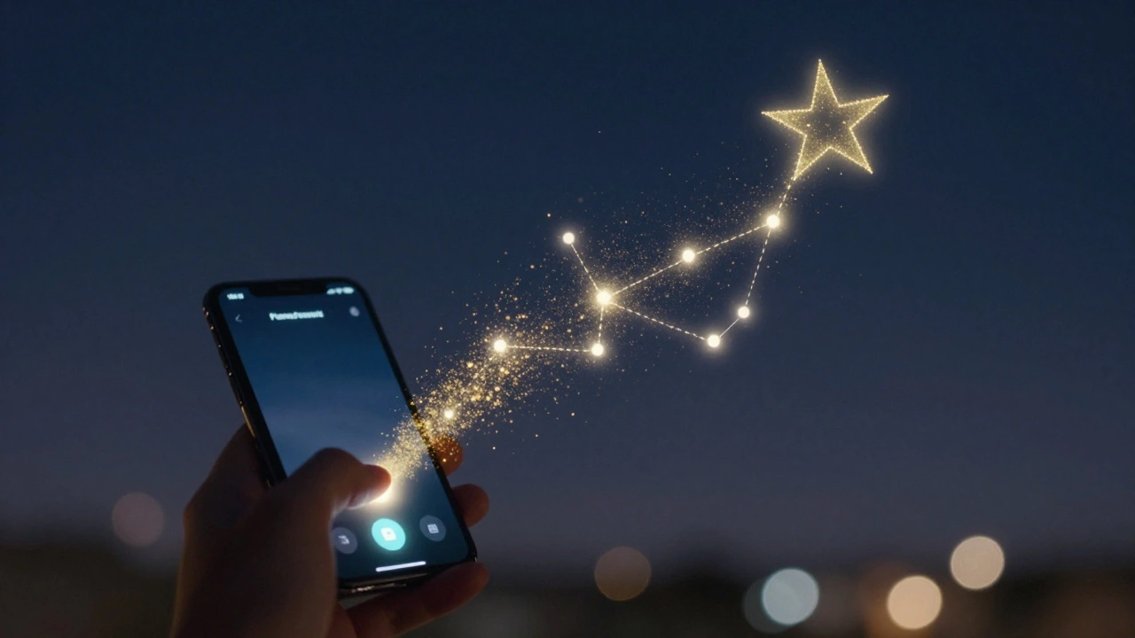 A hand tapping a pre-save button as golden particles flow into a constellation of saved tracks in the night sky.