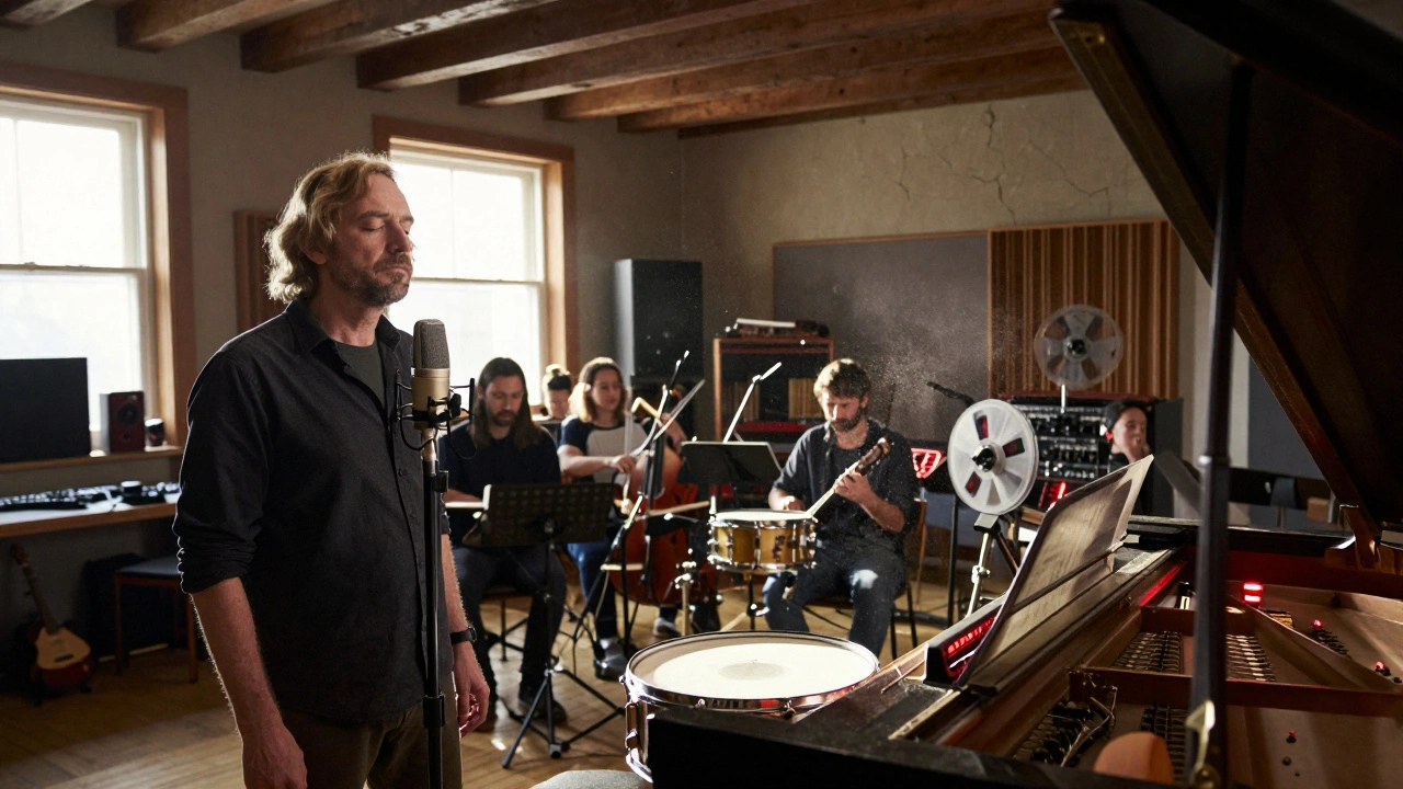 A musician in a vintage studio surrounded by analog gear, strings playing softly, sunlight catching dust in the air.