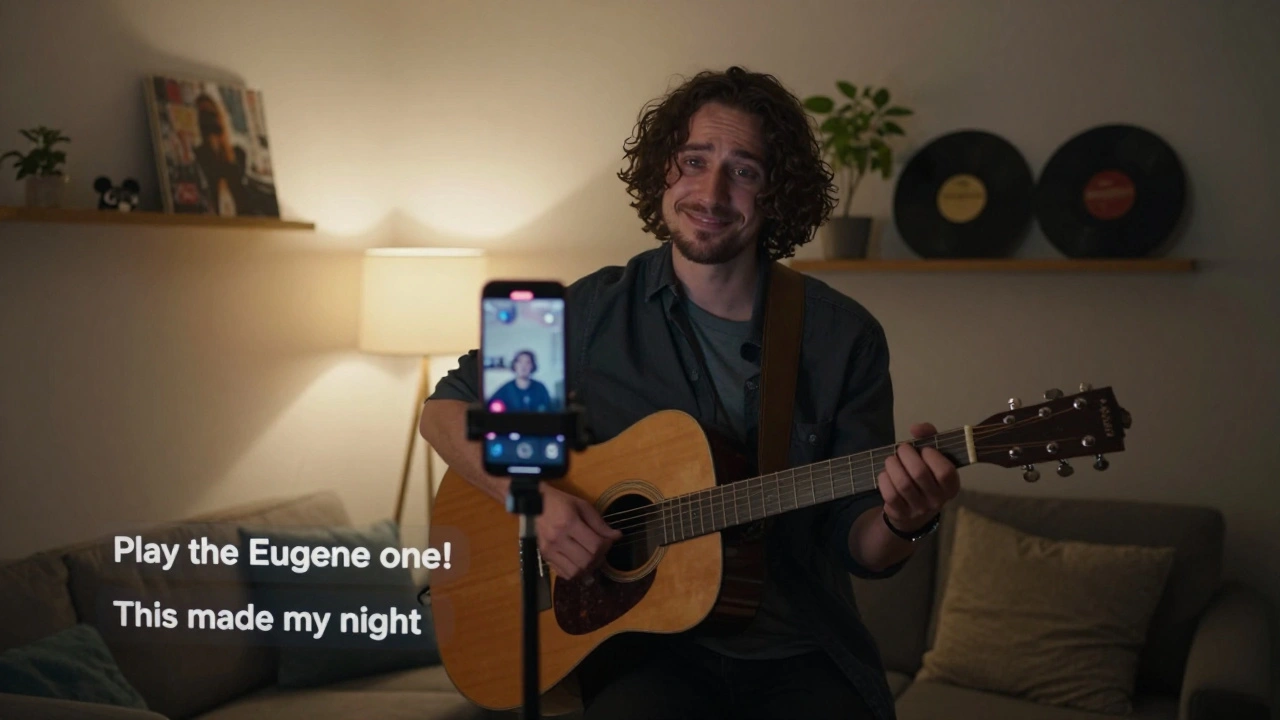 A musician playing live on stream in a simple living room, with fan comments visible on the phone screen.