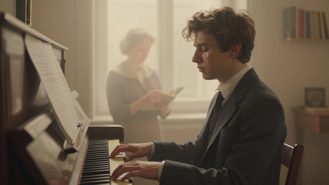 A pianist playing Chopin with a ghostly image of a grandmother singing lullabies behind her.