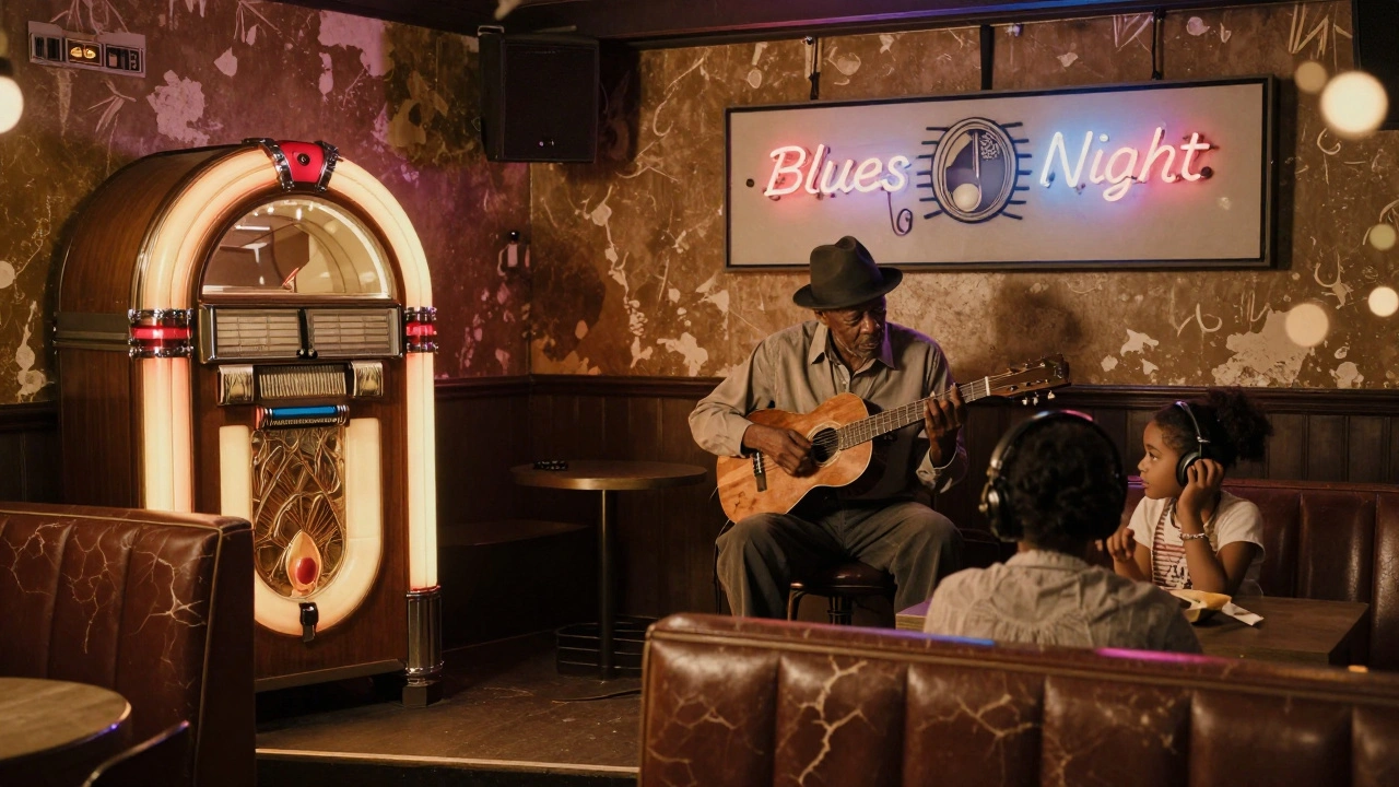A restored 2020s blues lounge in Queens with an elder musician playing as a young listener absorbs the music, vintage decor intact.