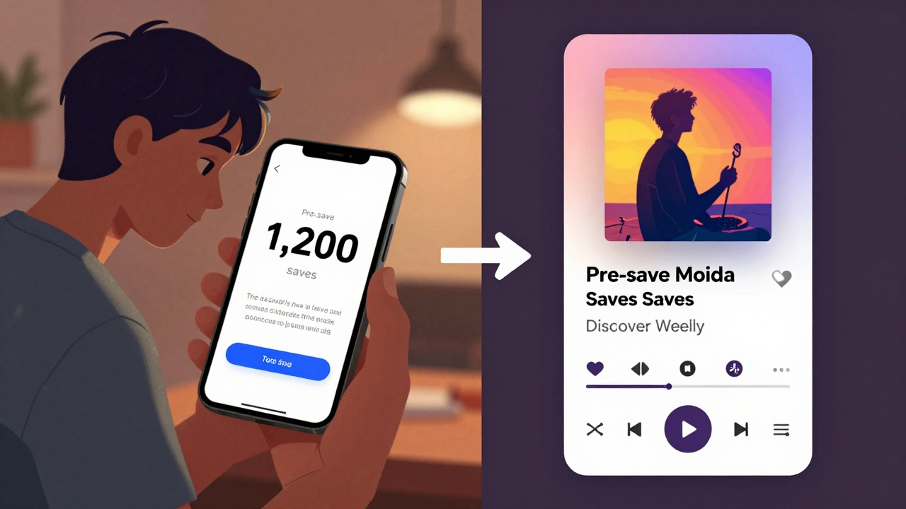 An artist checking a pre-save link on phone while it transforms into a streaming playlist on Discover Weekly.