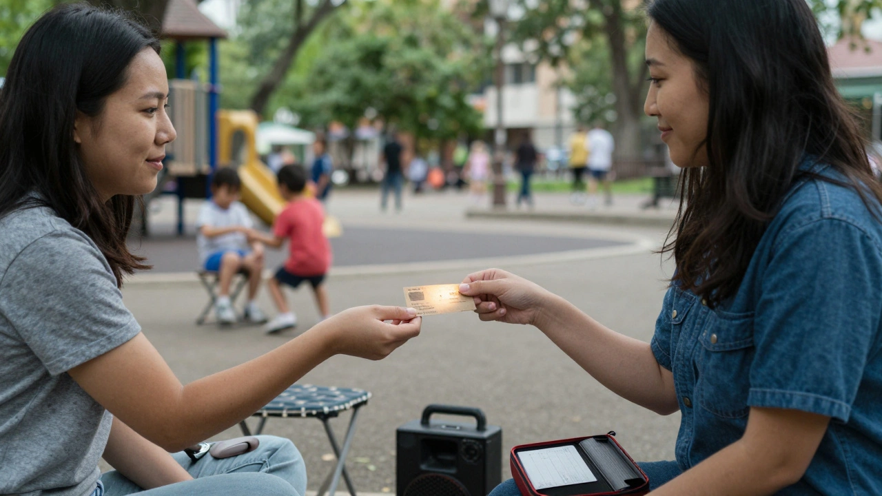 Musician hands business card to listener after tip, eye contact made in park setting on a sunny afternoon.