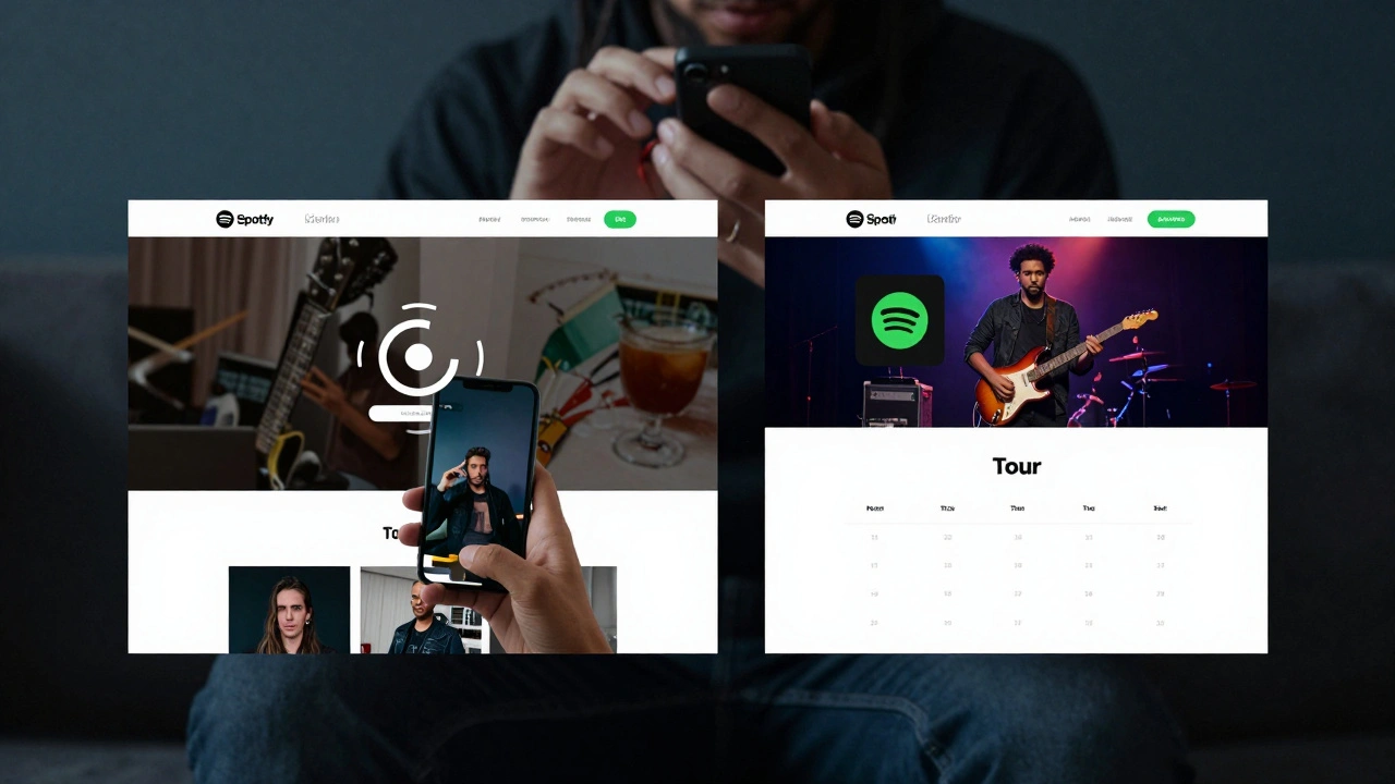 Split screen: slow, broken website vs. fast, optimized band site with embedded music player.