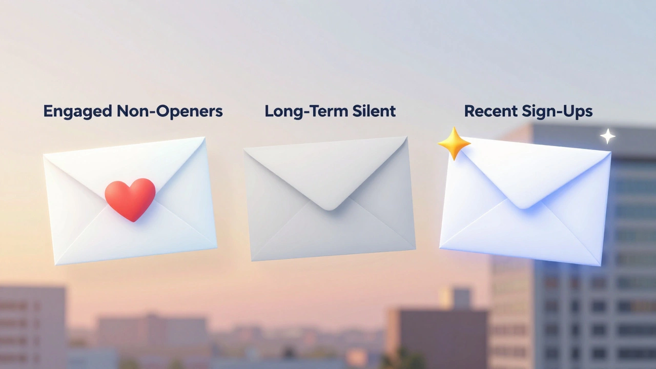 Three segmented email groups in an inbox: engaged, silent, and recent subscribers with visual indicators.