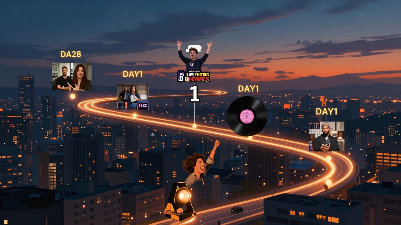 30-day crowdfunding timeline mapped as a glowing path through a city, with key campaign moments marked by lights.