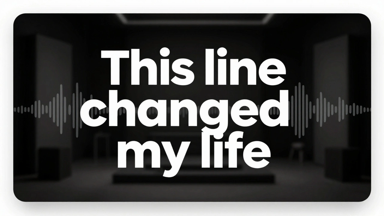 A bold lyric graphic with 'This line changed my life' floating over a blurred studio, soundwaves pulsing gently.