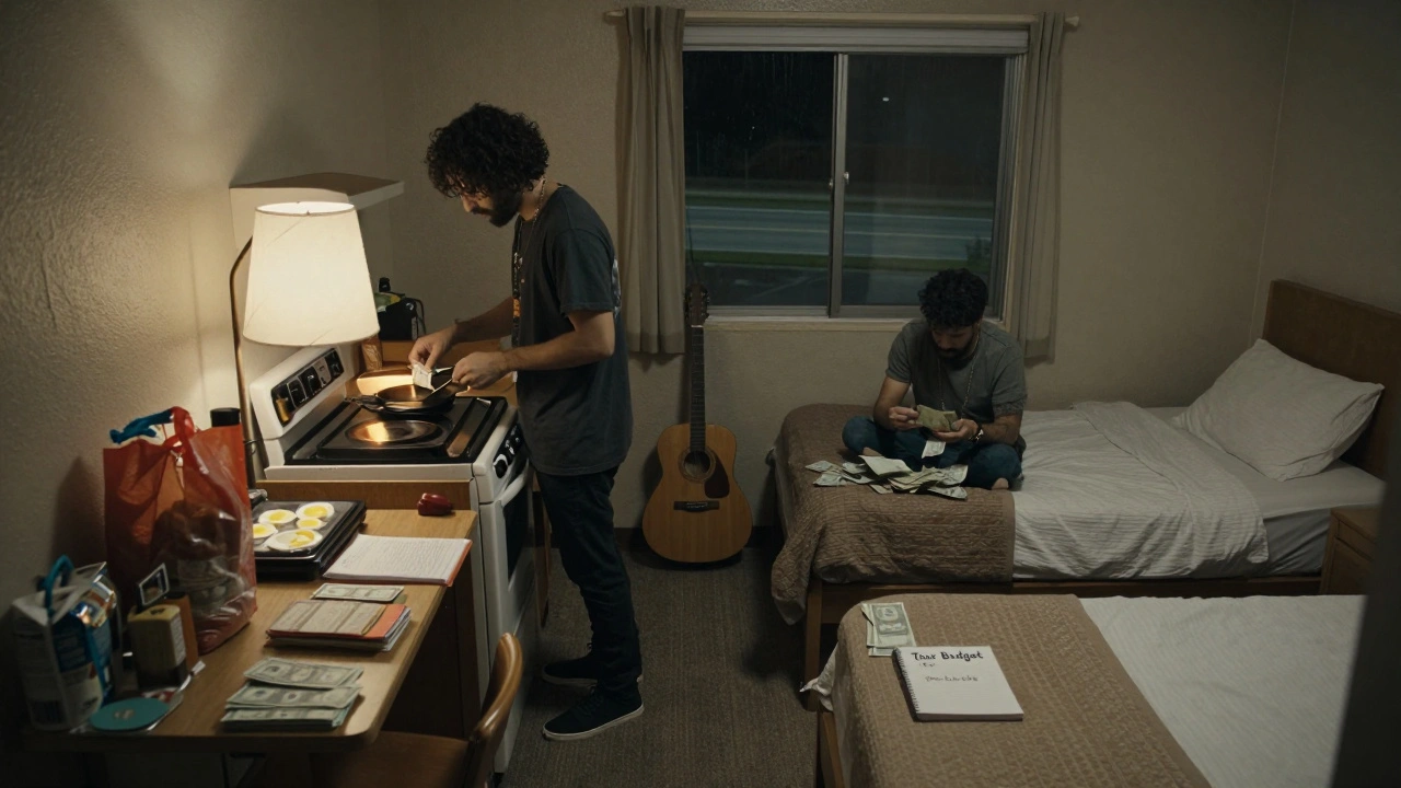 A cramped motel room with musicians cooking and counting cash, guitar leaning on the wall.