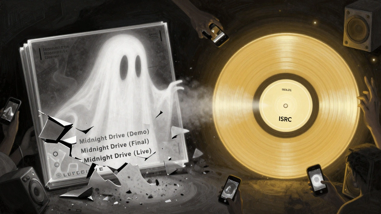 A crumbling stack of song versions fades away on one side, while a single, glowing track with one ISRC shines on the other.