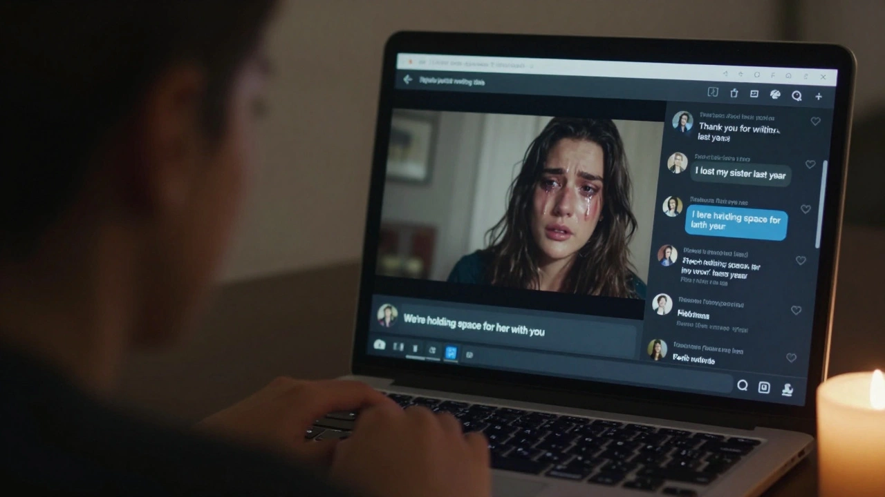 A fan crying while watching a music video end, with tender chat messages glowing on the laptop screen.