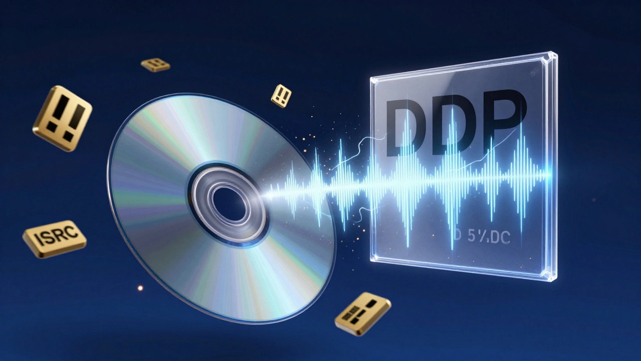 A flawless DDP package emerging as a glowing core while error symbols shatter around a spinning CD.