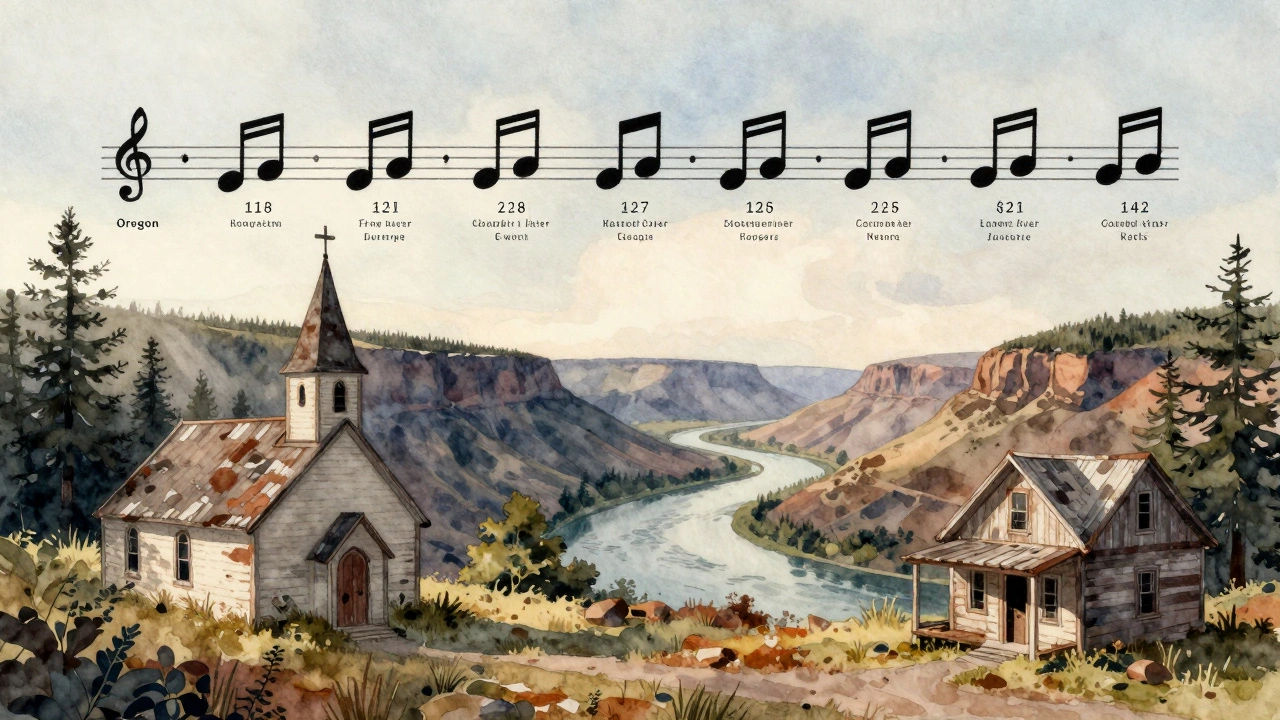 A folk artist’s album journey depicted as a path through Oregon’s abandoned churches and cabins, with musical notes marking dates and weather.