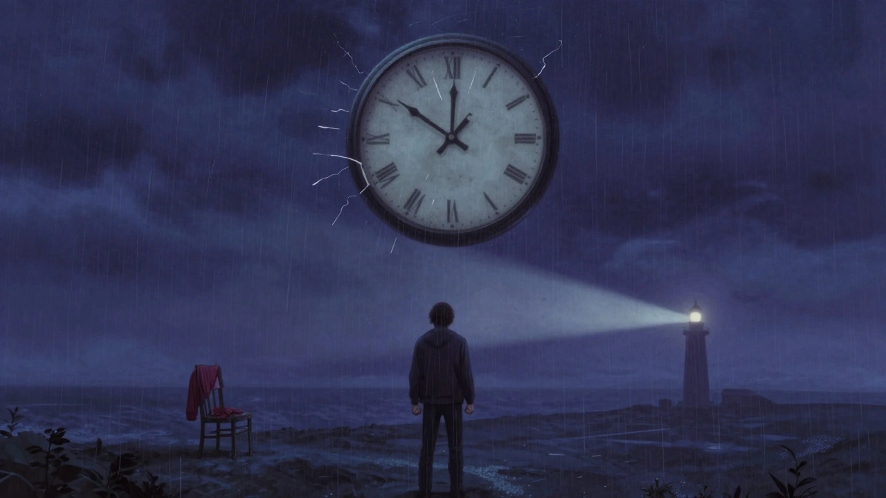 A fractured clock in a stormy sky with three paths representing past, present, and future.