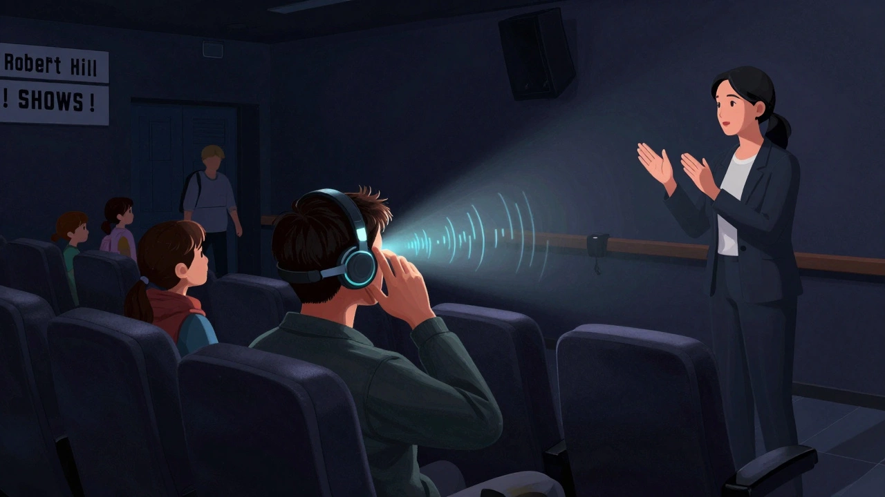 A guest using an audio description headset while a sign language interpreter performs near the front of the venue.