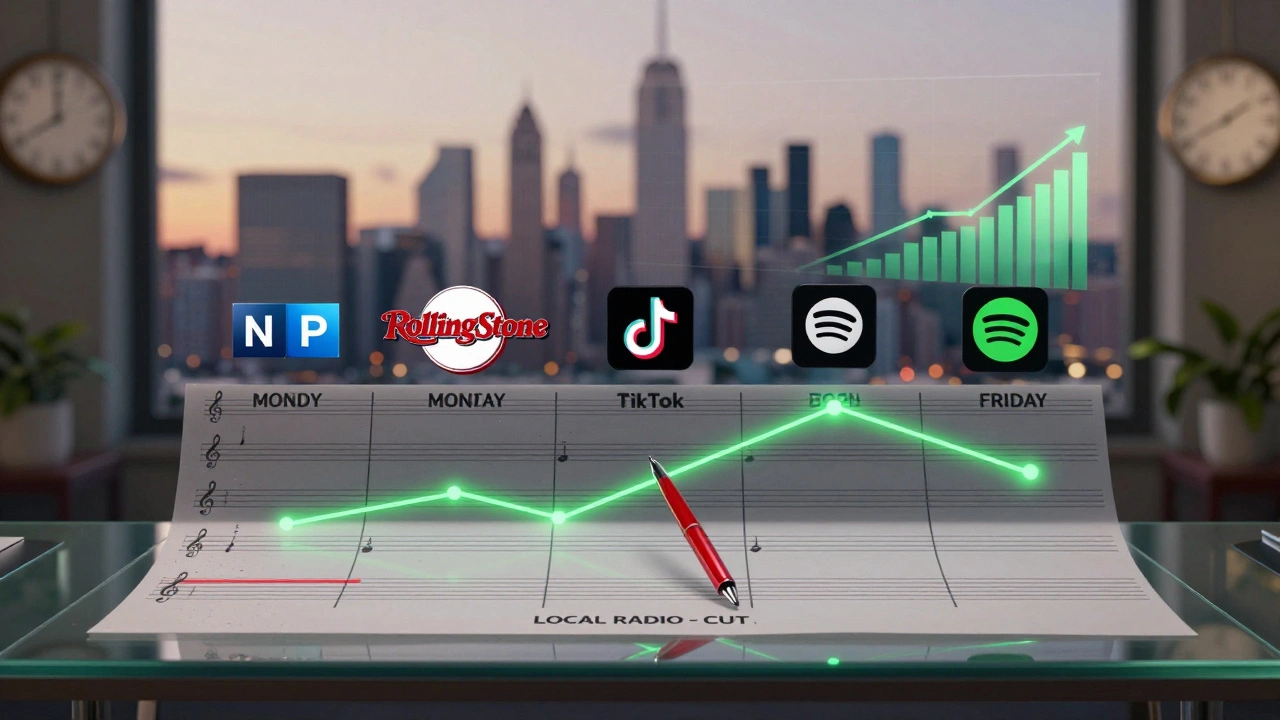 A media schedule visualized as a musical score with global outlet icons and rising stream graphs in the background.