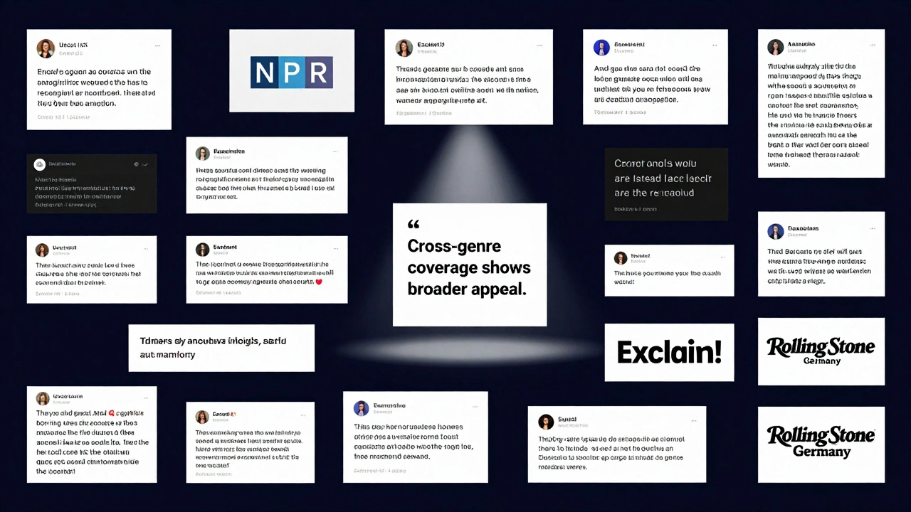 A mosaic of international press quotes floating on a dark background with spotlight focus.