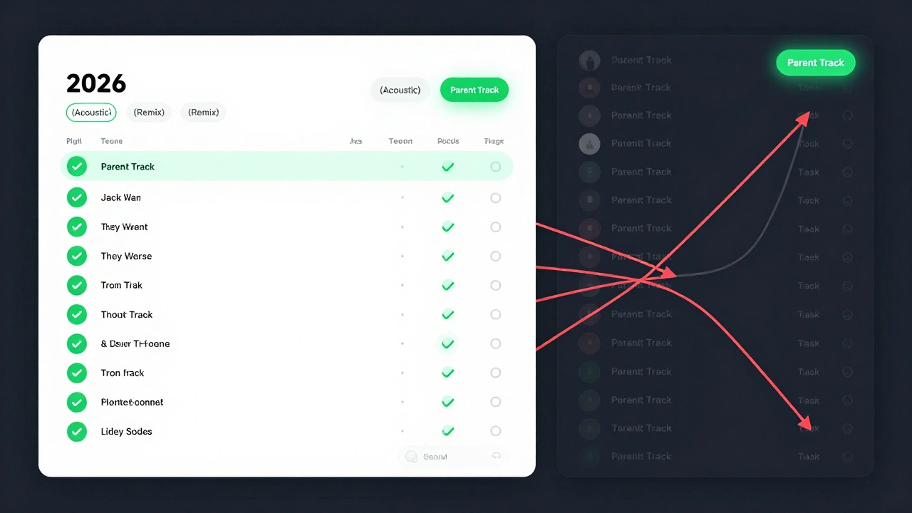 A music distributor's dashboard shows a clean parent track with version tags, while duplicate entries are resolved with green checkmarks.