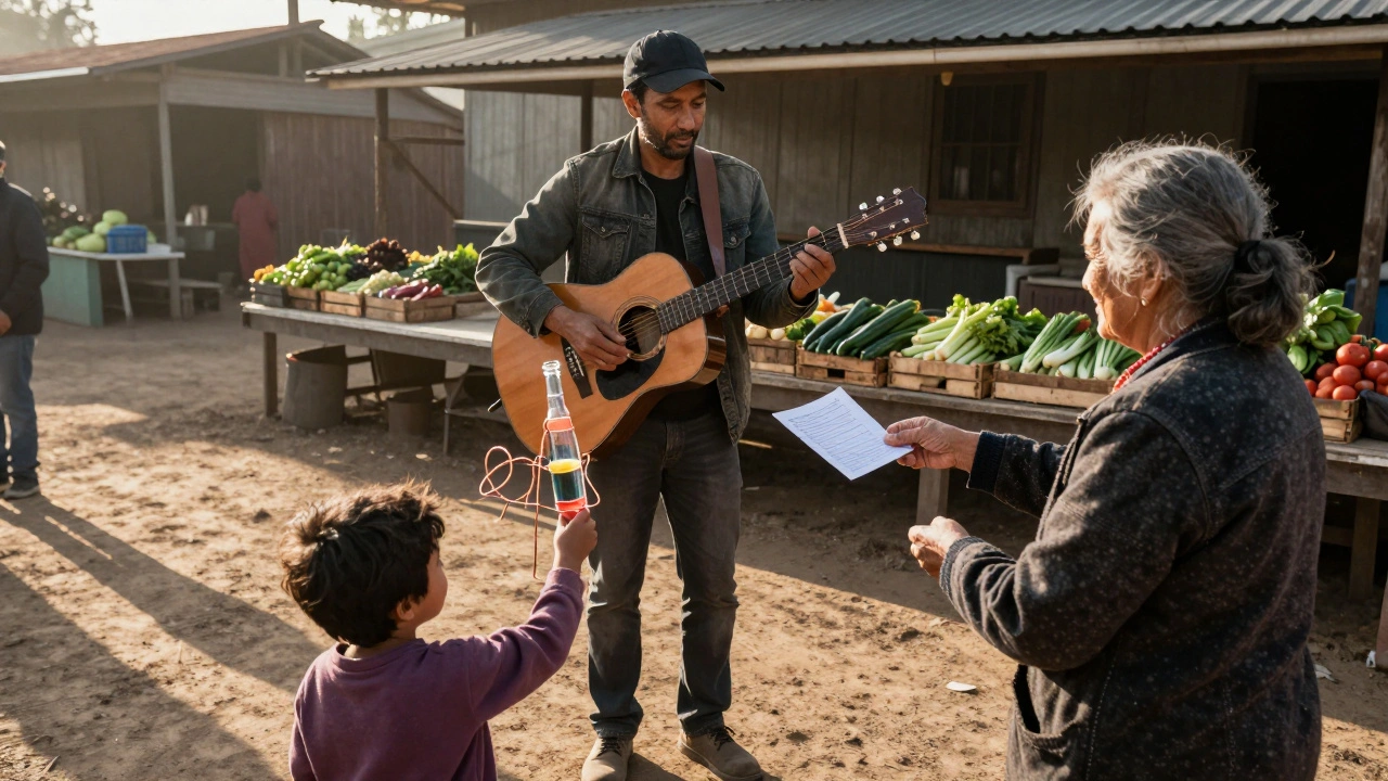 A musician hands a lyric sheet to an elderly woman at a farmers market while a child holds a homemade guitar slide.