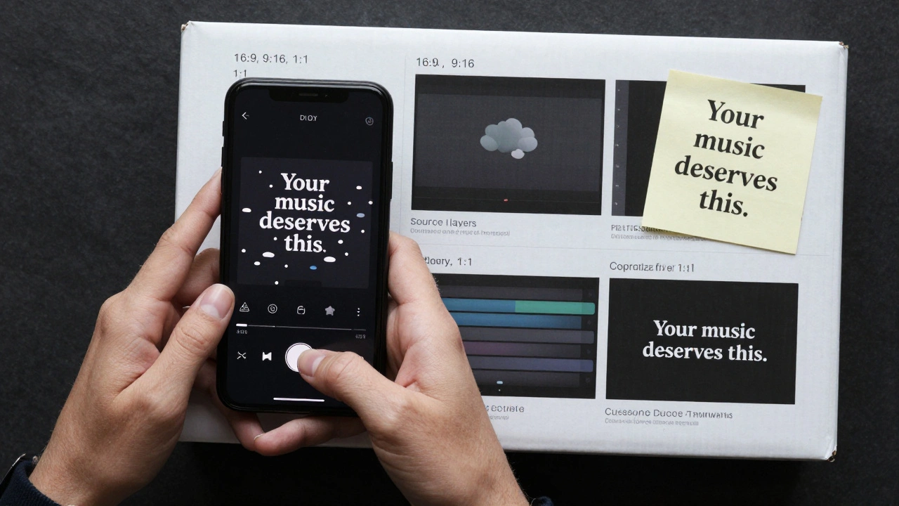 A musician holding a phone with a low-quality lyric video next to a professional package of optimized files and thumbnail.