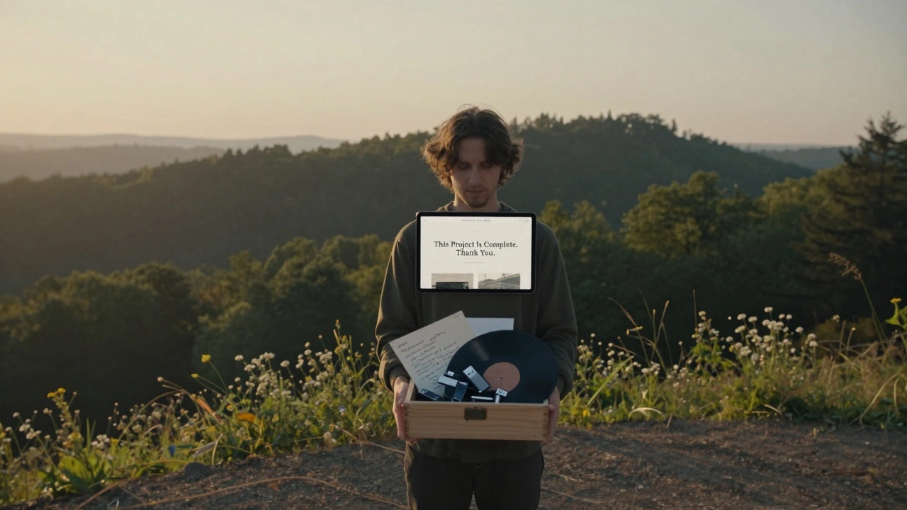 A person on a hill at dawn holds a box of music archives as a simple website reads 'This Project Is Complete.'