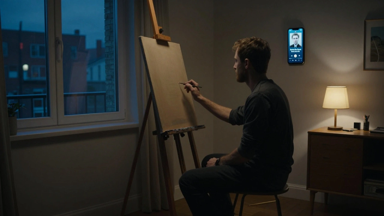 A person painting alone at midnight, a paused podcast visible on a phone beside them.