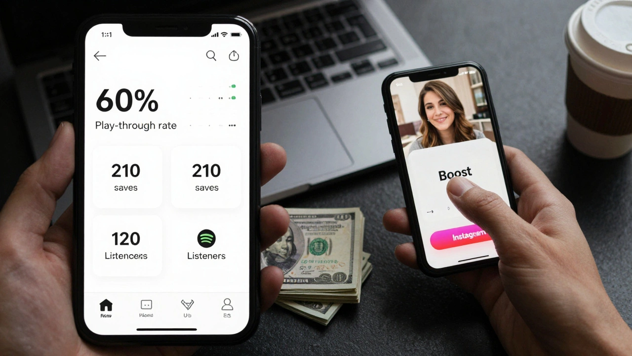 A phone screen showing music ad analytics next to a hand tapping 'Boost,' with coffee and cash nearby.