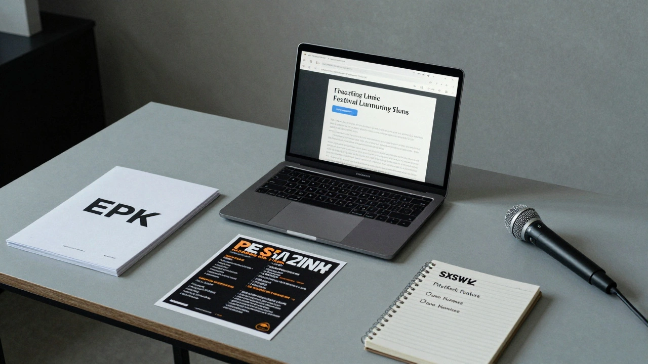 A professional press kit with a laptop displaying artist facts, festival posters, and media mentions.