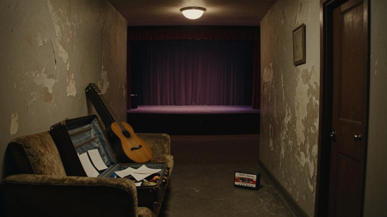 A quiet backstage hallway with peeling paint, a guitar case, and a 1998 demo cassette on the floor.