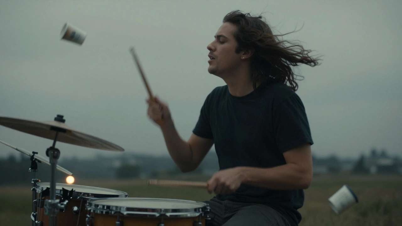 A singer performing with subtle physical reactions to rhythm and environmental cues like wind and falling objects.