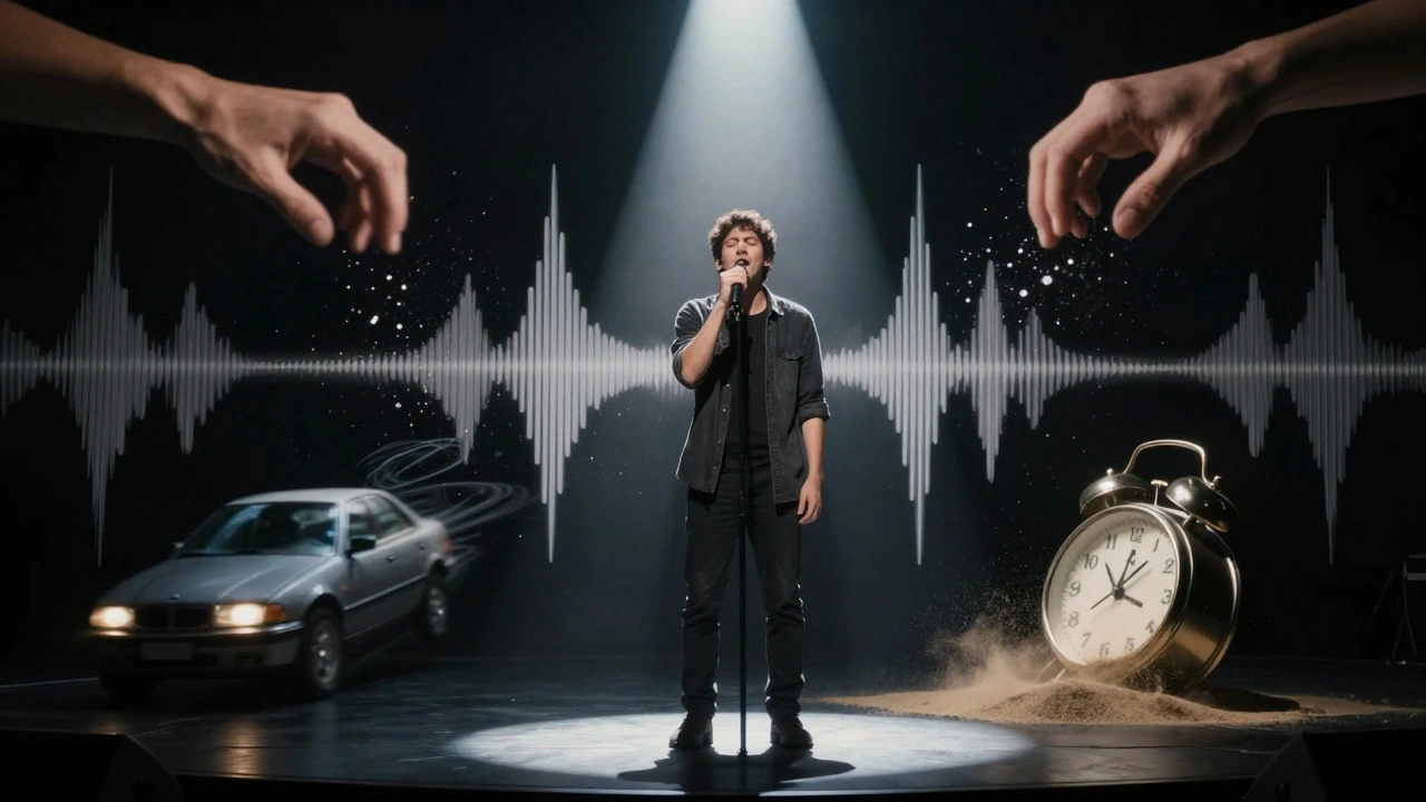 A singer under a spotlight surrounded by swirling images of trembling hands and a melting clock.