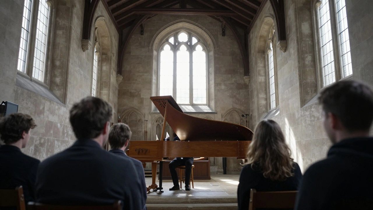 A small early music ensemble performing in the stone-walled Wren Chapel, Oxford, with wooden beams and natural light.