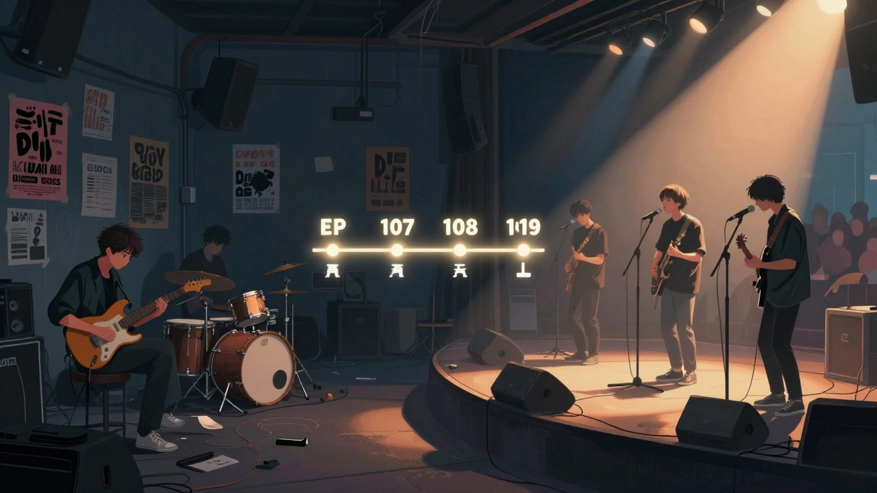 A split scene showing a band's humble beginnings and their later stage performance, connected by a release timeline.