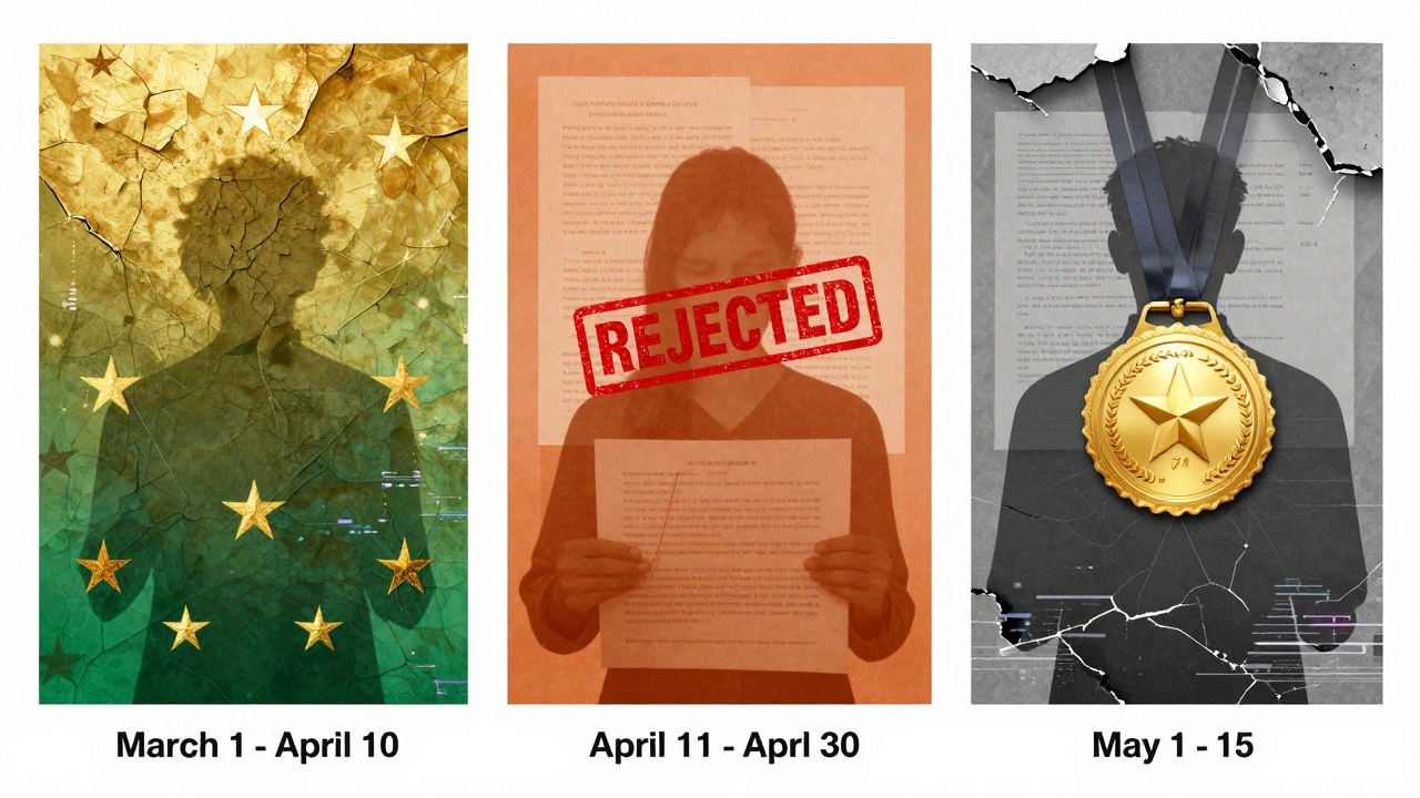 A symbolic timeline of the submission window showing rising chances of success in early months and fading odds later.