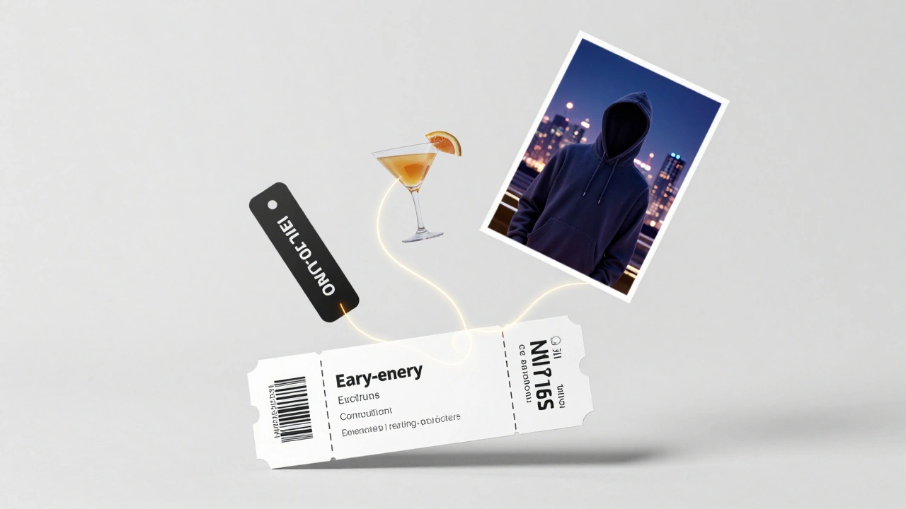 A ticket transforming into a bundle of perks: hoodie, cocktail, wristband, and digital poster.