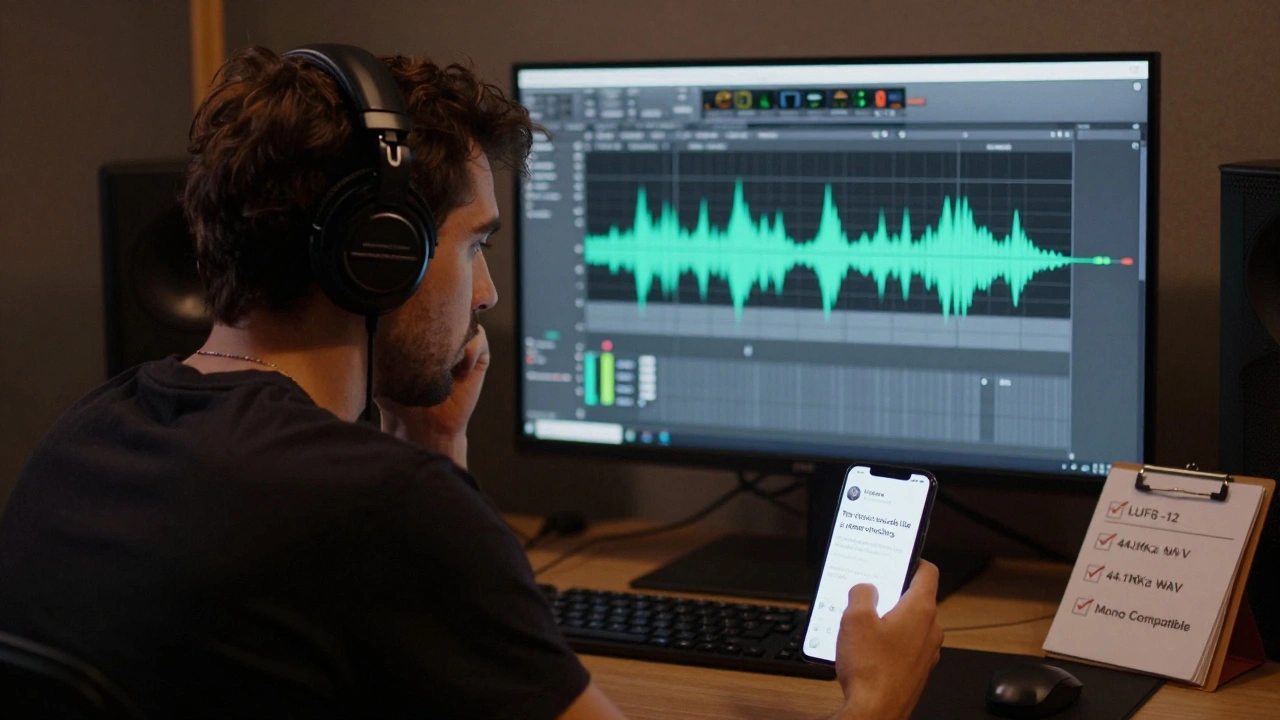 An artist in a studio examining a distorted audio waveform on their DAW while a fan's critical tweet appears on a phone.