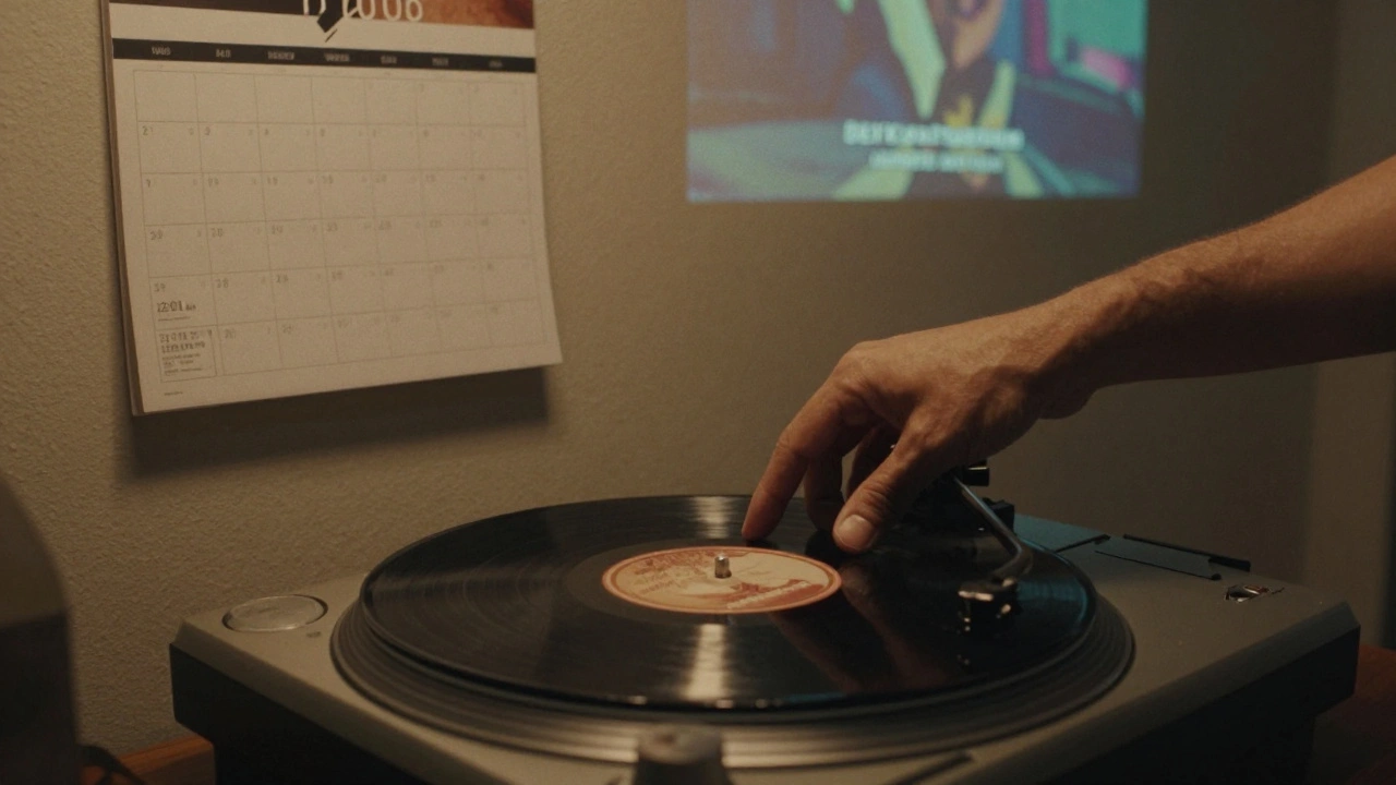 An artist releasing a single at midnight, with a Wednesday calendar, streaming stats, and a soft lyric video glow in the background.