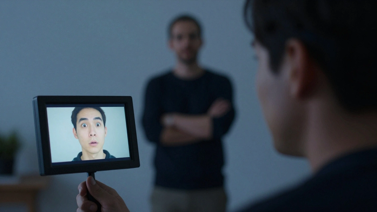An artist staring at a monitor, surprised by their own unedited expression during a music video take.