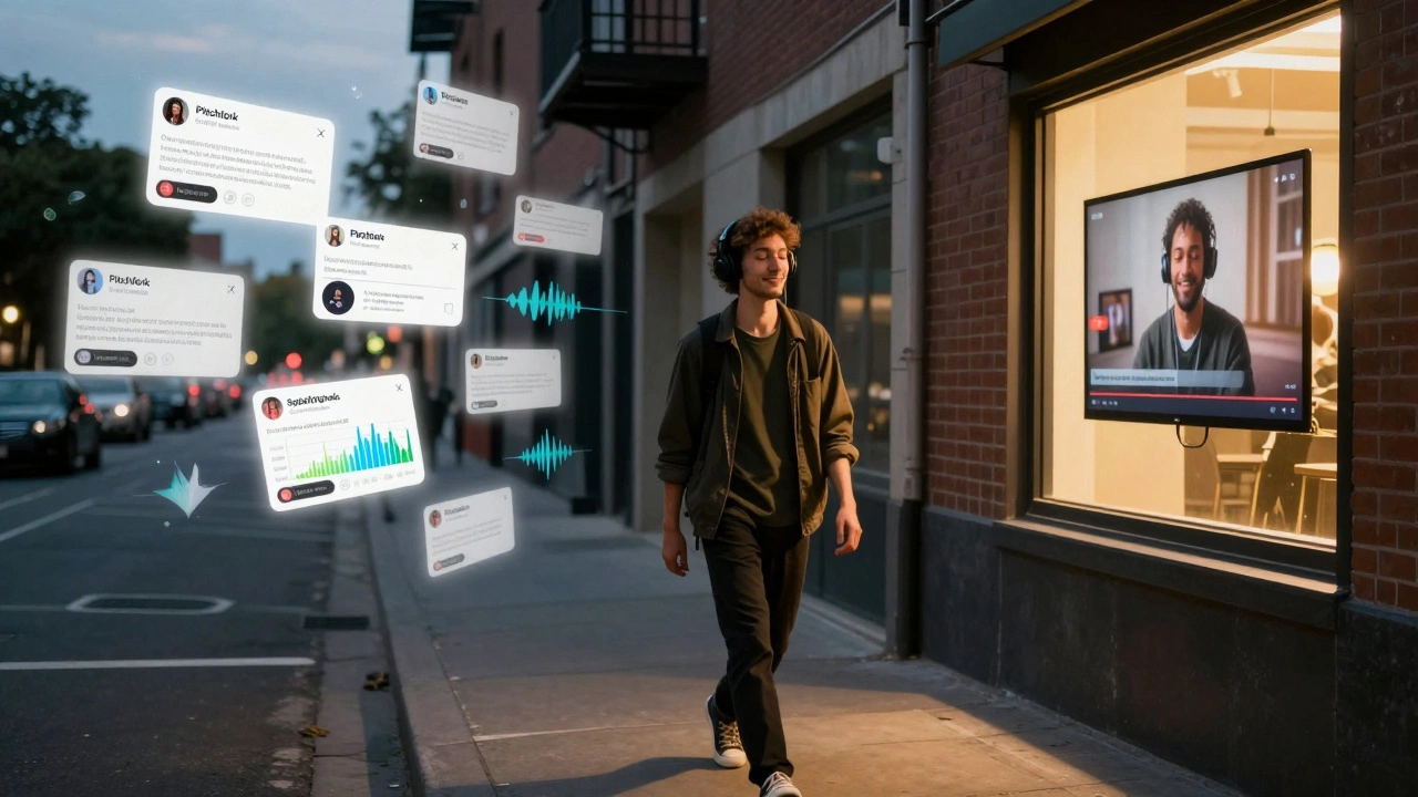 An artist walking at twilight, surrounded by floating fragments of successful interview content from major outlets.