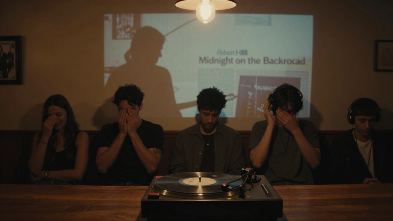 An empty blues club at night with a record player spinning, silhouettes of listeners faintly projected on the wall.