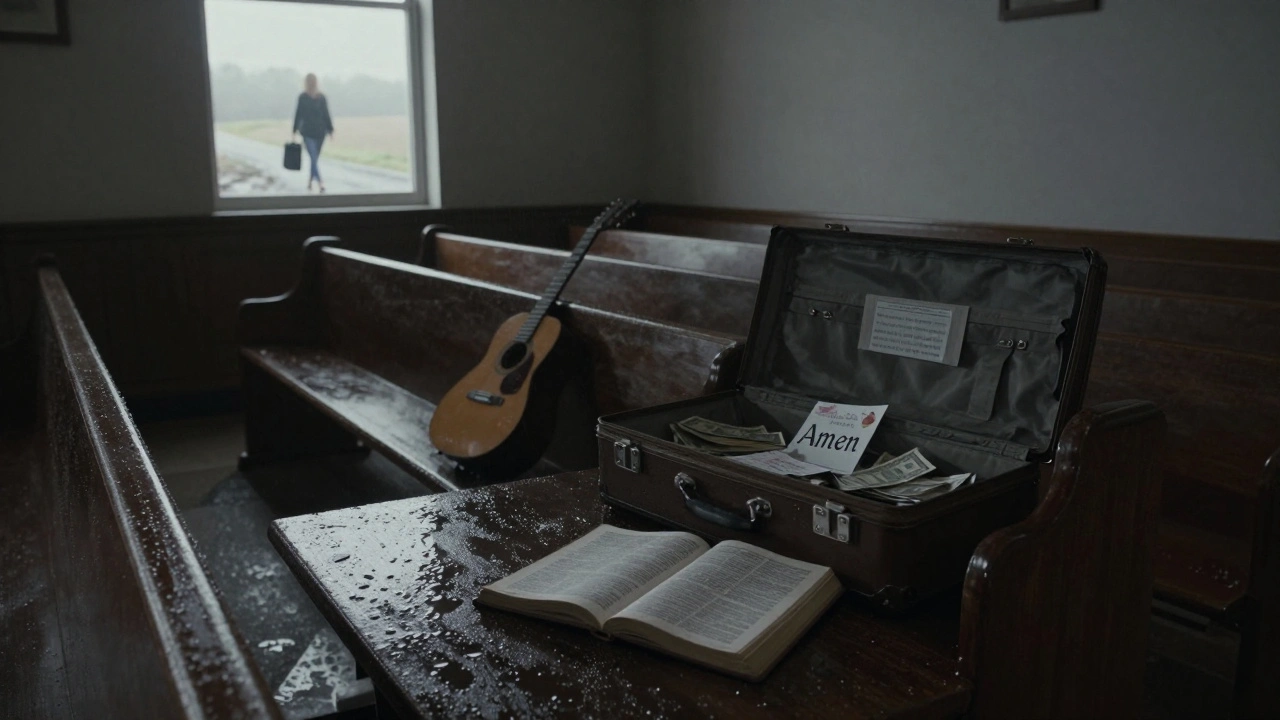 An empty church at dawn, a suitcase on the pulpit, and a woman walking away down a muddy road as hymn books lie scattered.