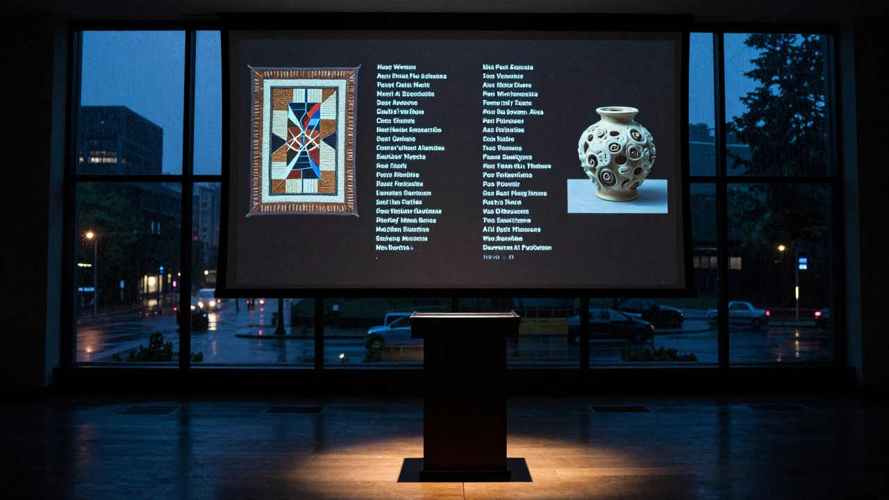 An empty podium at the Cascade Art Gallery under a spotlight, with past winners' projects projected behind it at night.