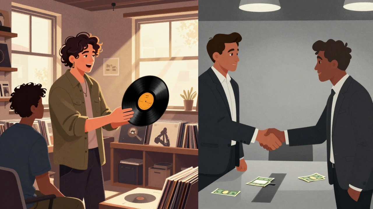 An indie artist building trust with a blogger versus selling a paid promotion in contrasting settings.