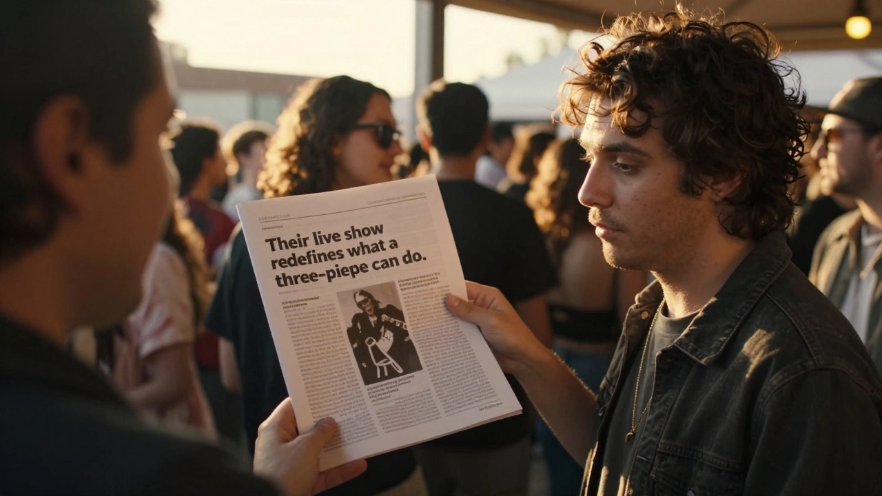 An indie musician handing a printed review to a journalist at a busy music festival.