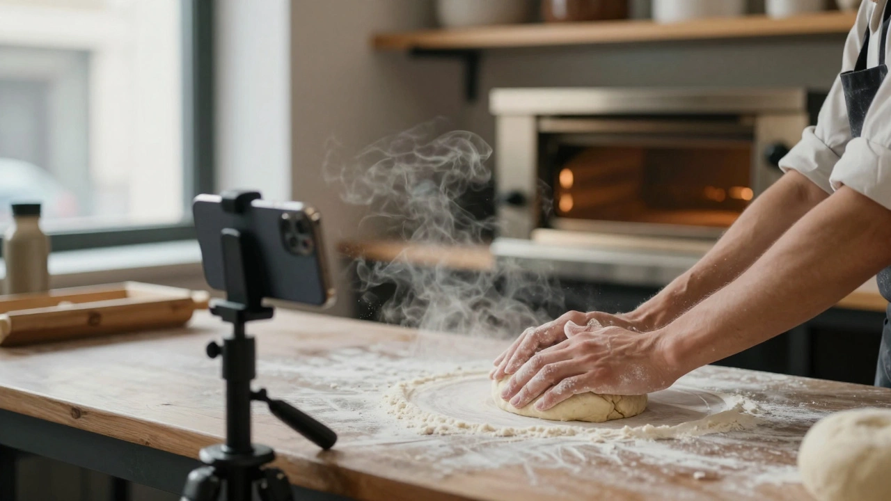 Baker's hands kneading dough on a floured counter with steam rising from an oven.