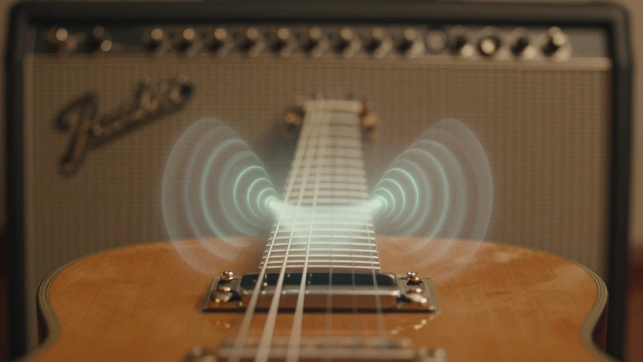 Close-up of a stainless steel slide on a guitar string, with subtle sound waves and glowing amp tones in the background.