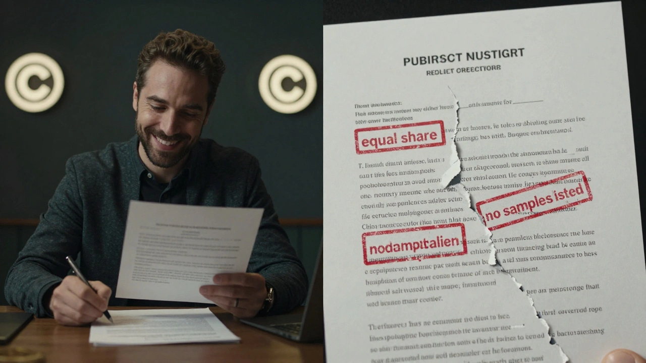 Contrasting images of a clear music contract versus a vague one, with red warning stamps highlighting missing rights and unclear terms.