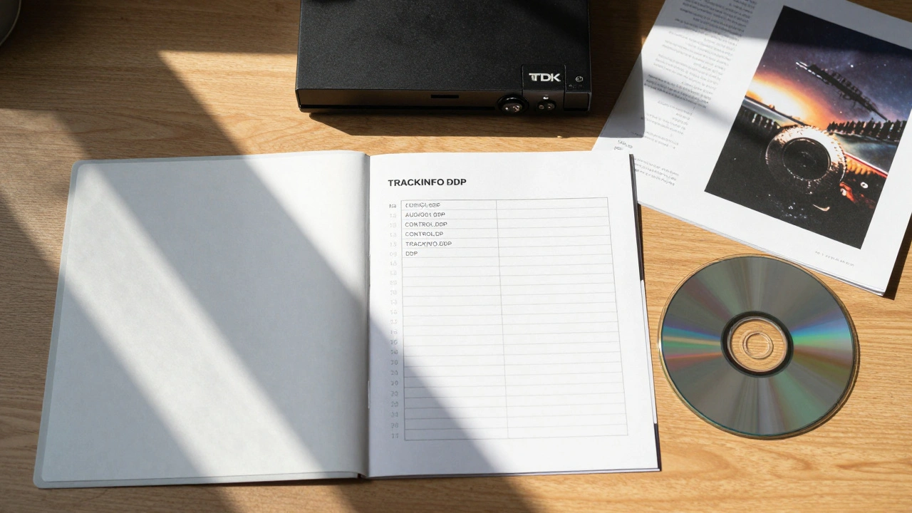 DDP folder with audio files, burned CD-R, and album artwork on a desk beside a professional CD burner.
